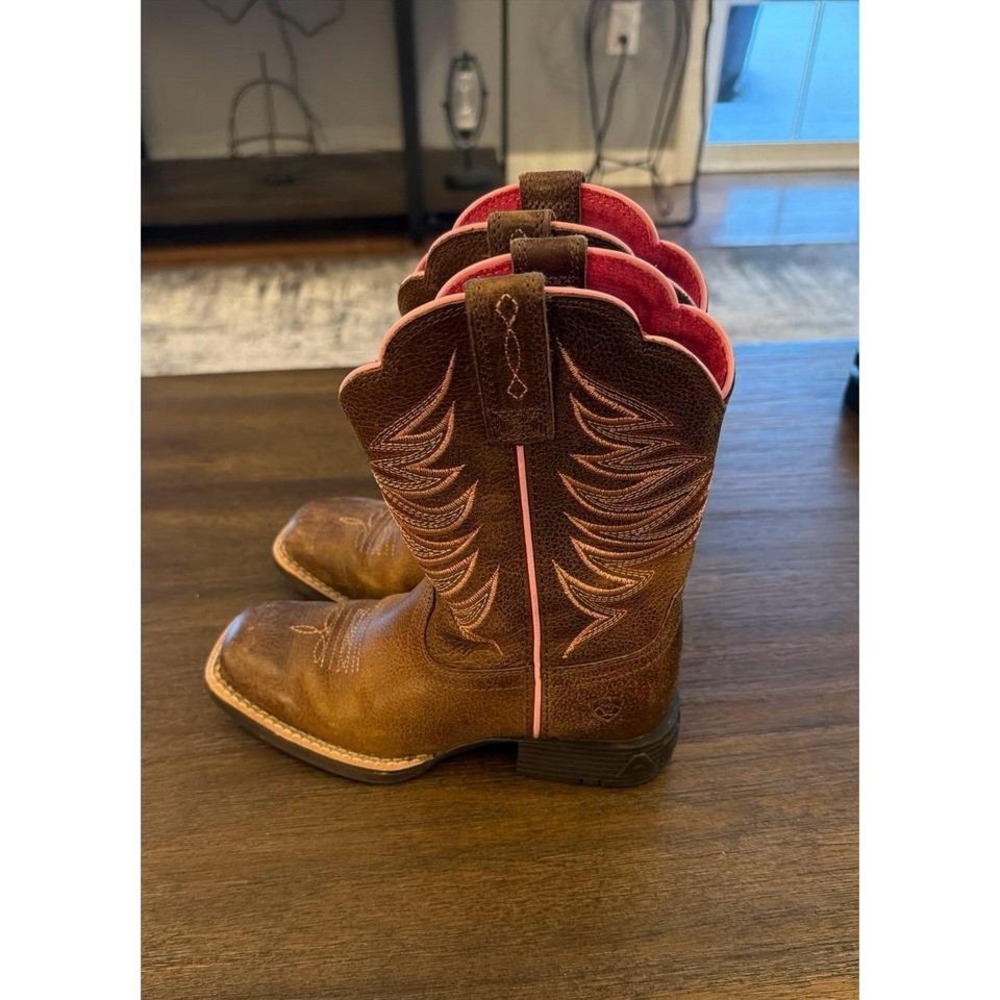Ariat Western Leather Boots Cowgirl Box Toe Pink Accents Size 12 Girls - Picture 3 of 6